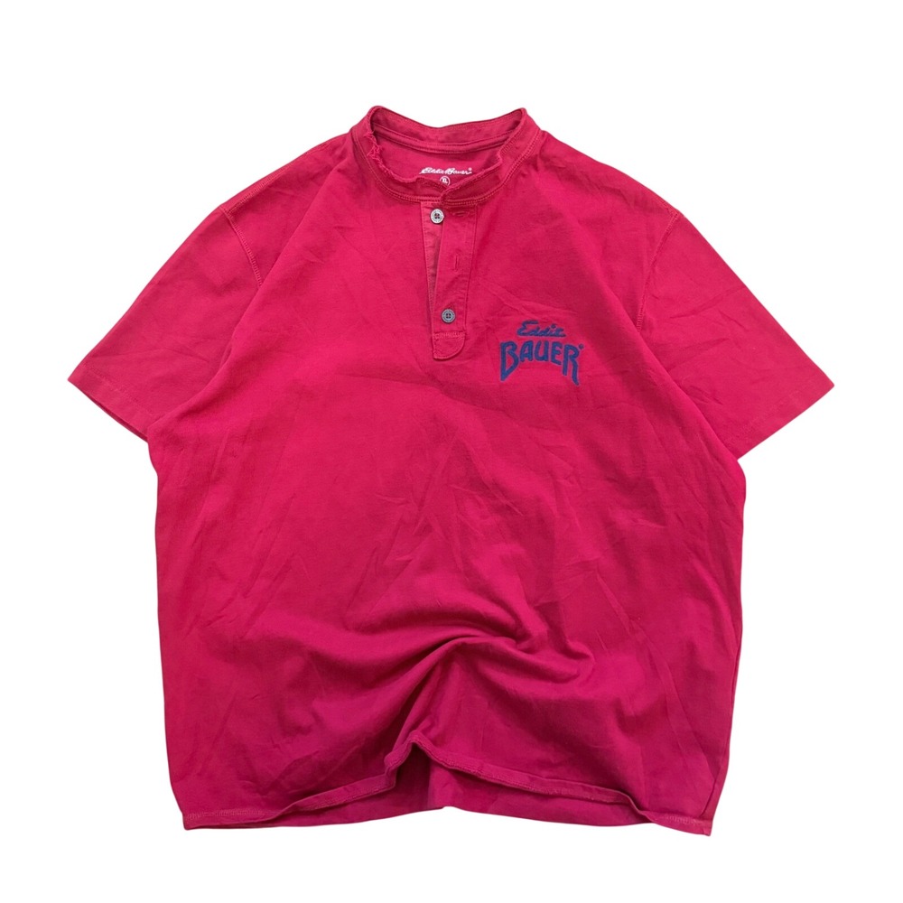 Henley Shirt Mens XL Red Eddie Bauer Embroidered Logo‎ Short Sleeve Distressed